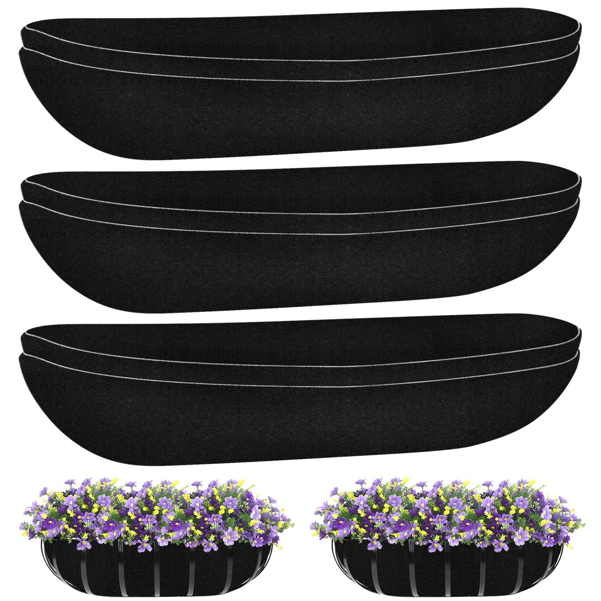 Riare 6 Pack 36 Inch Black Felt Window Box Liners- Fabric Trough Planter Basket Liners Replacement, Non-Woven Hanging Plant Liner for Wall Hanging Basket, Garden Fence Railing (Avoid Bird Nesting)