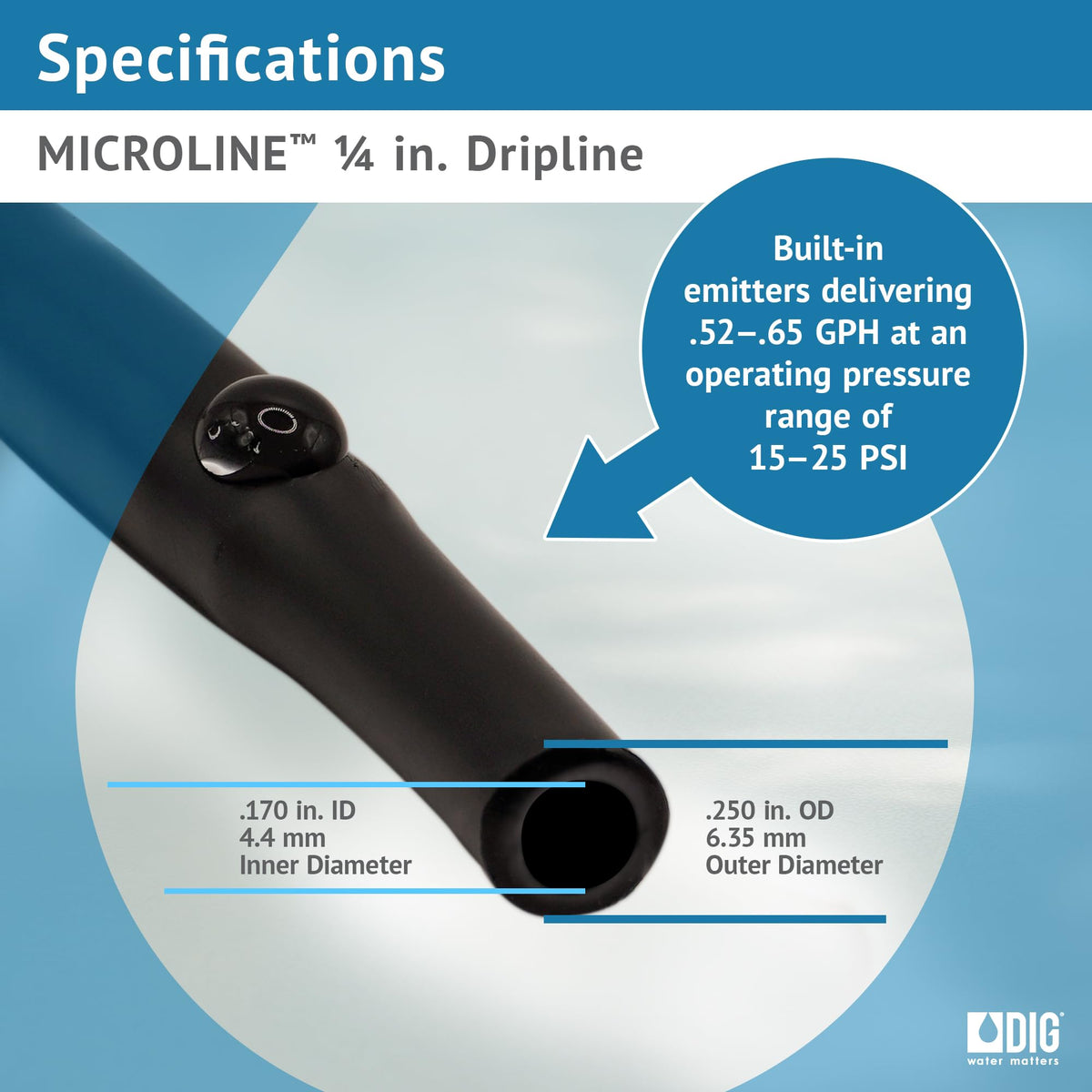 DIG ML-509, 500', ¼" MICROLINE Dripline - 9” Spacing, Color Black – UV Protected Drip Line