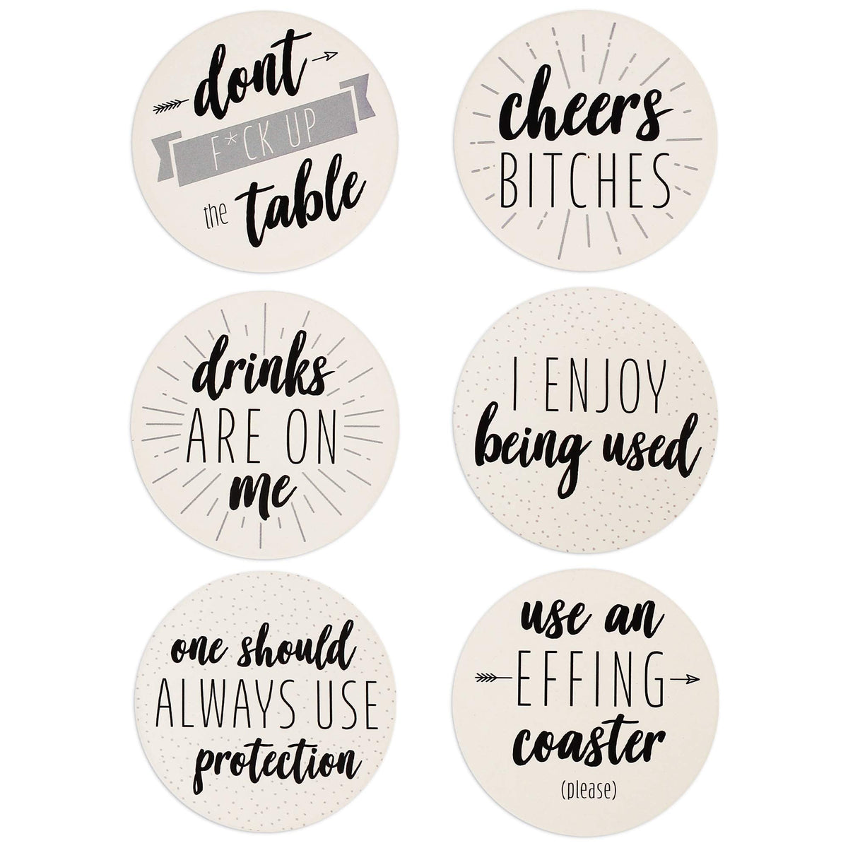 LotFancy 6PCS Ceramic Coasters with Cork Base, Round Coasters with 6 Humorous Sayings, Non-Slip, Bar Room Decor, Housewarming Gift
