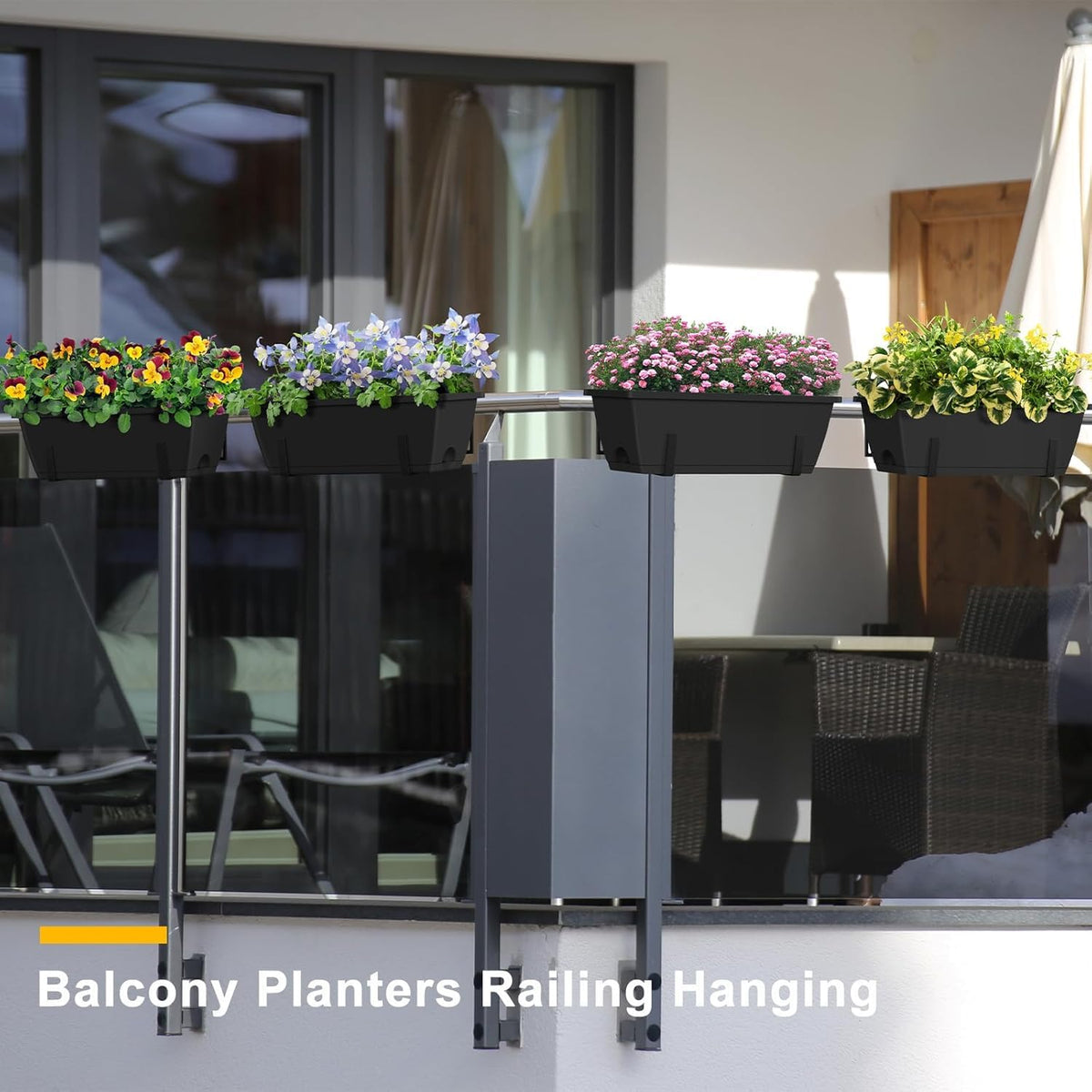 FANSXIVITA Balcony Planters Railing Hanging, Deck Railings Planter Boxes 16.9in, Railing Planter Box, Deck Planters for Railings, Railing Flower Box with Metal Brackets, Black (4Pcs)