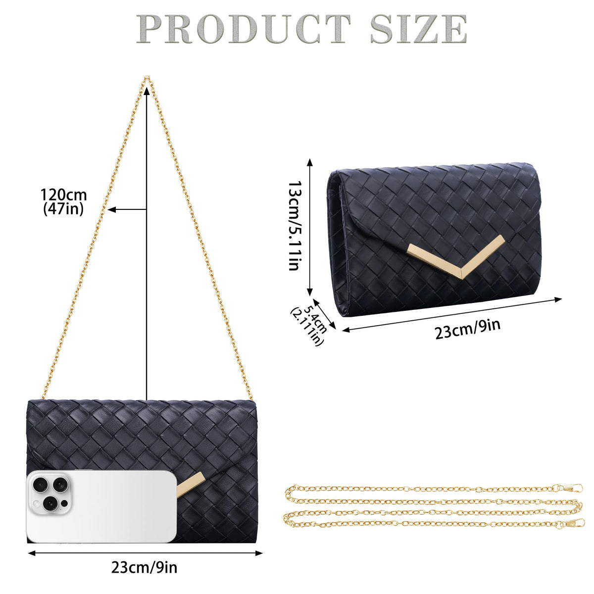 Larcenciel Clutch Purse for Women, Woven Black Leather Evening Bag w/Chain Strap, Formal Envelope Clutch Handbag, Elegant Crossbody Shoulder Party Bags for Wedding, Prom, Cocktail Night, Date, Dinner