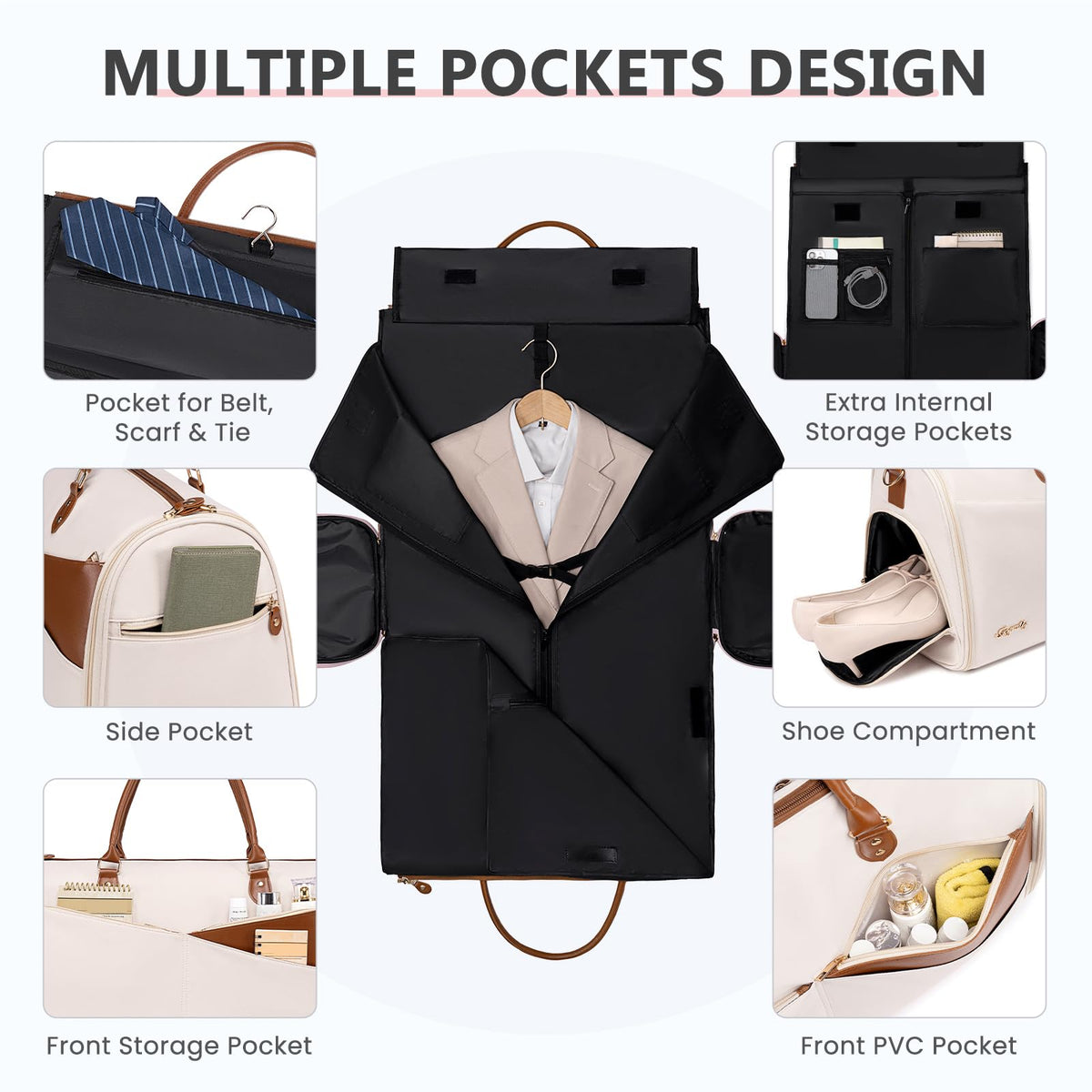 Convertible Garment Duffle Bag for Travel, Carry On Garment Bag for Women, 2 in 1 Travel Garment Bag with Shoe Compartment, Foldable Suit Travel Bag for Hanging Clothes, Beige