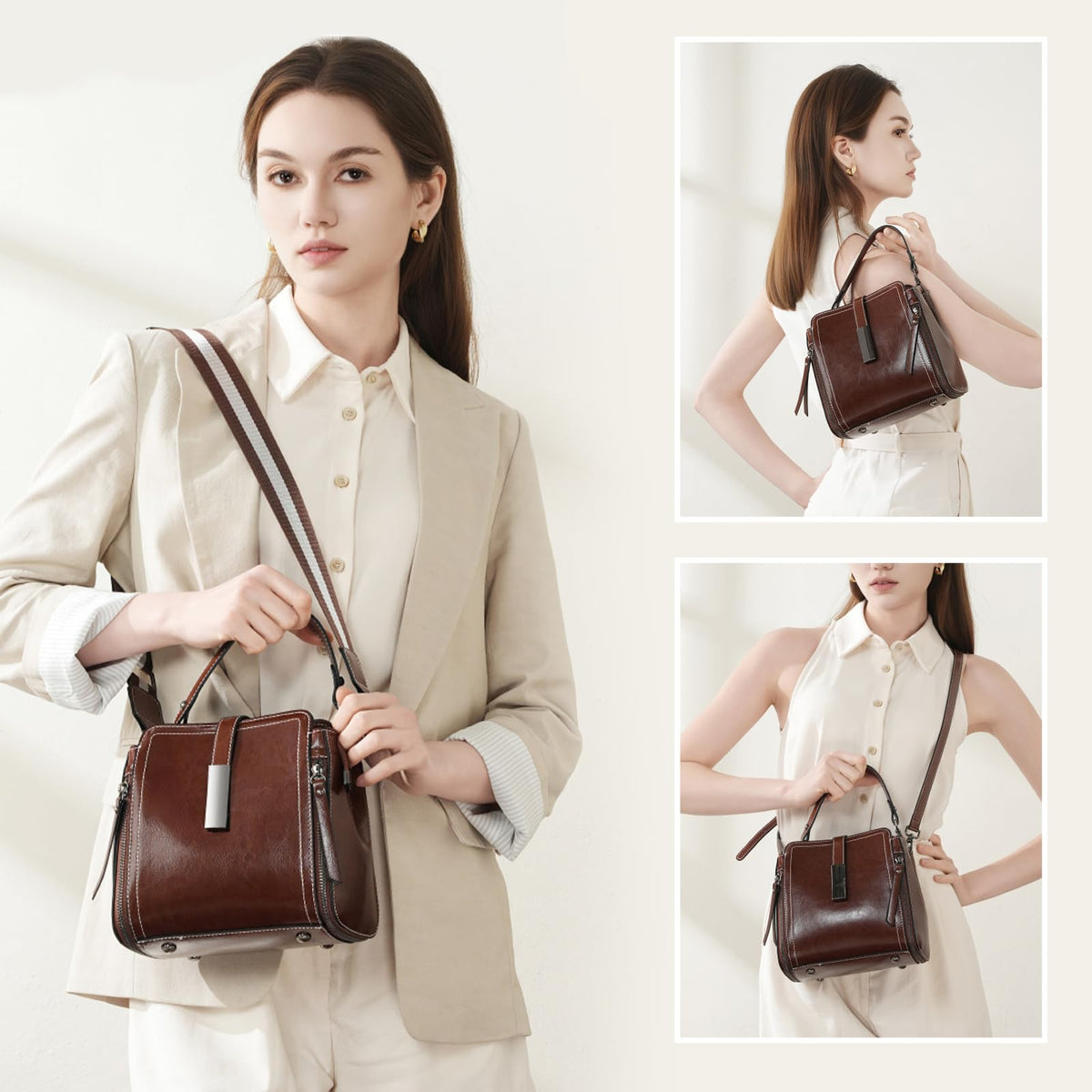MoreFarther Genuine Leather Crossbody Bags for Women, Genuine Leather Purses Bucket Bags Shoulder Bag with Adjustable Shoulder Straps (Caramel)