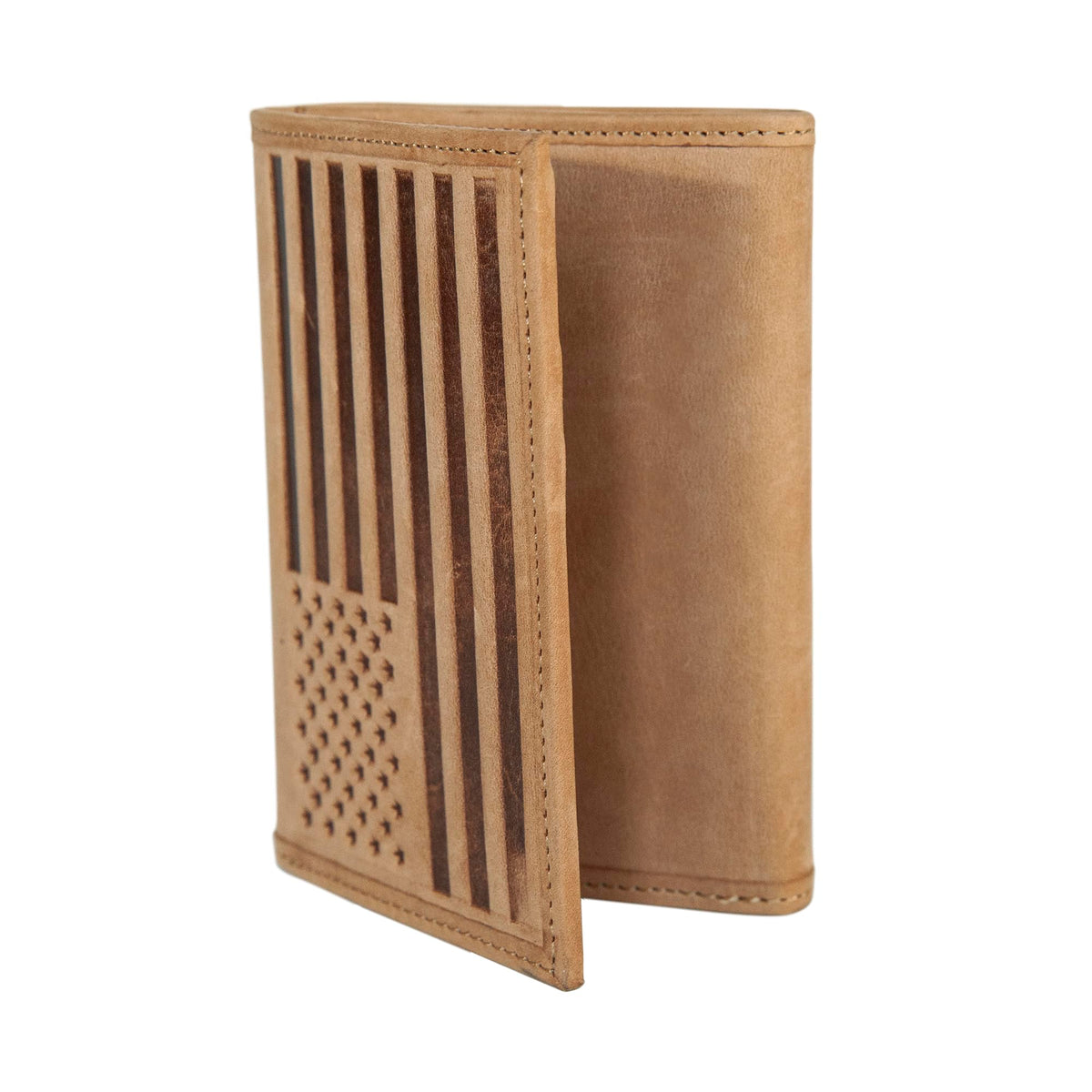 Lucky Brand American Flag Embossed Leather Trifold Wallet for Men with RFID Blocking, Tan