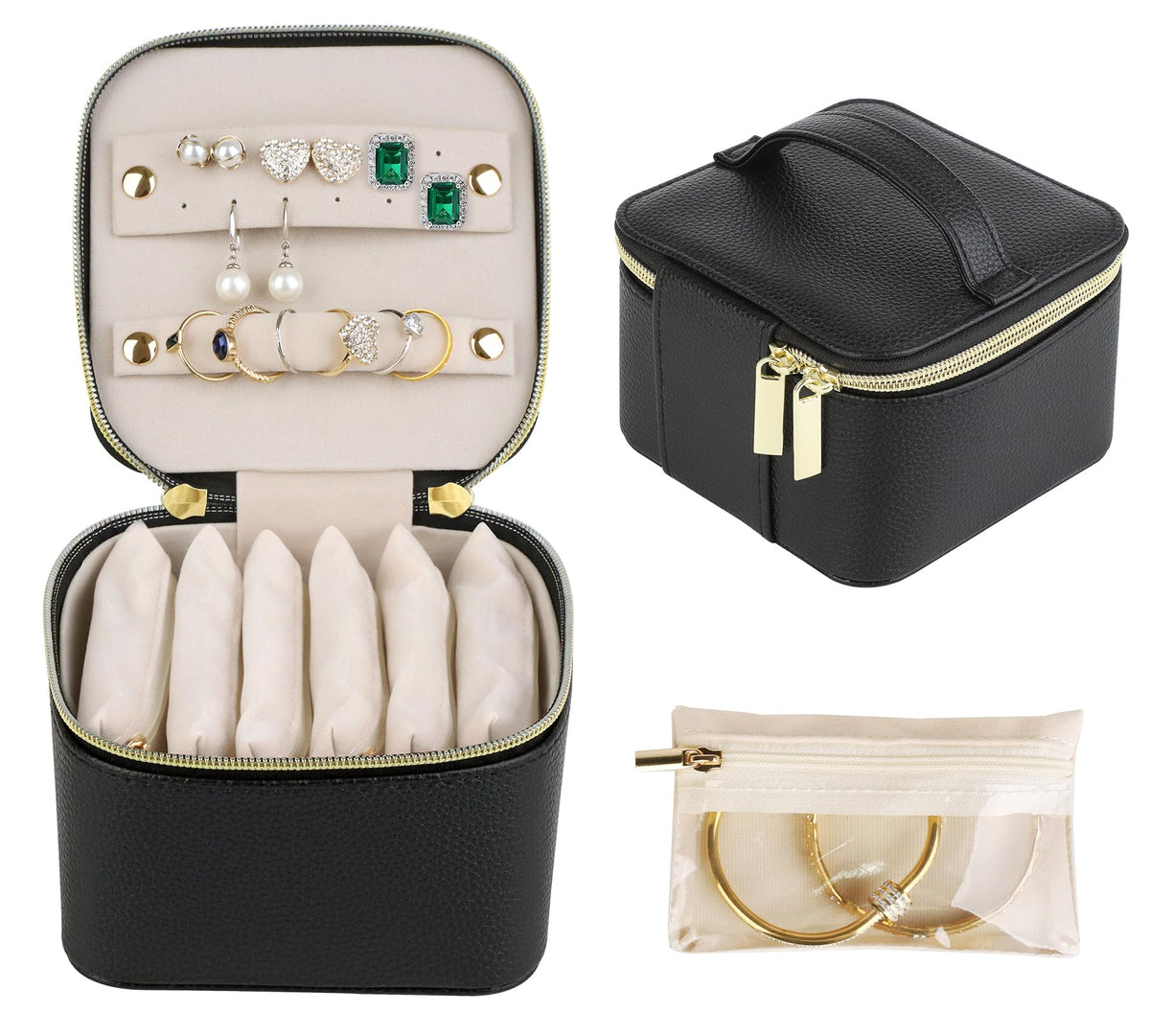 HofferRuffer Jewelry Box Organizer for Women Girls, Travel Jewelry Case with 6 Portable Zipper Bags, Jewelry Storage Ideal for Travel & Home Organization (6pcs-Black Faux Leather)