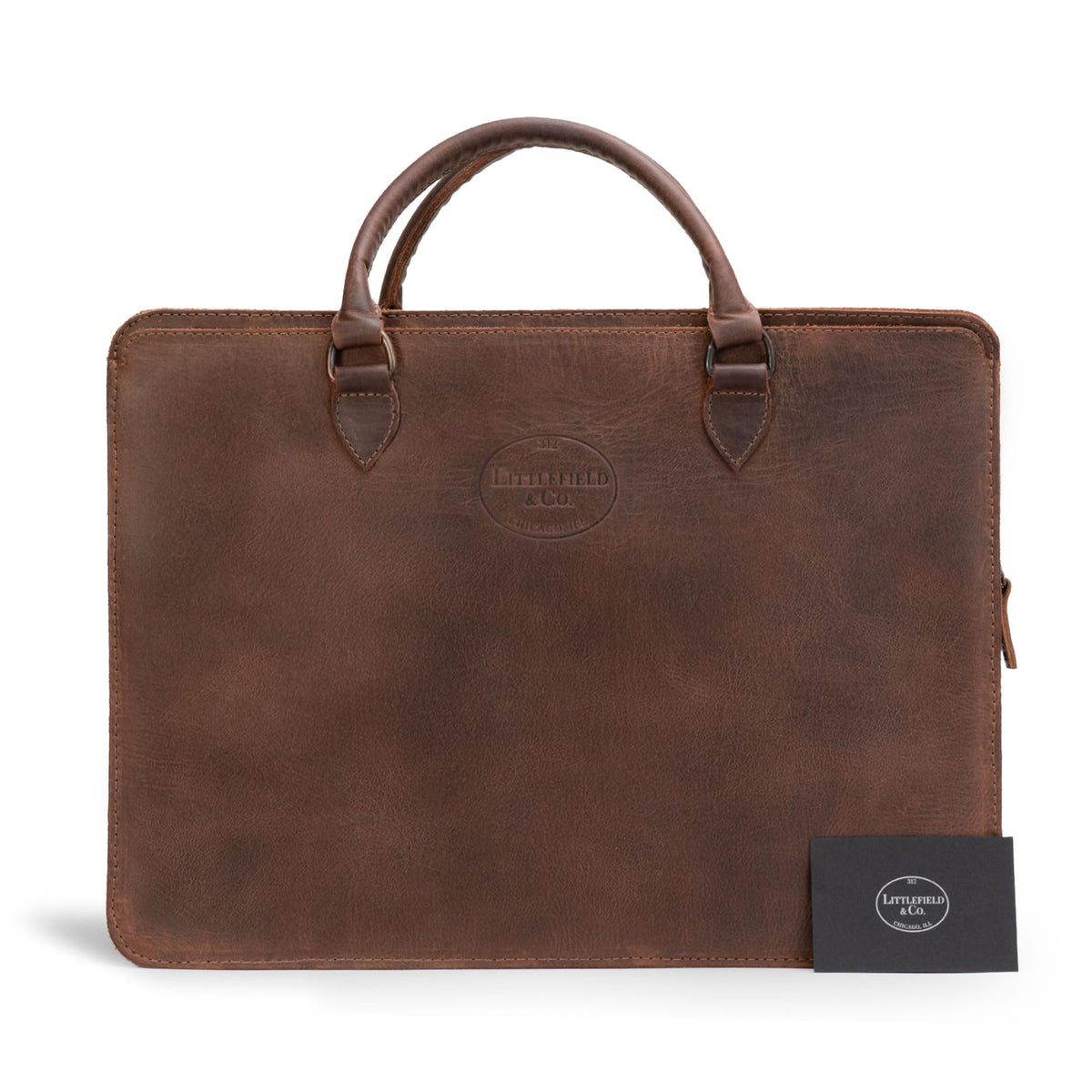Littlefield & Co., Classic Portfolio Document Holder with Handles, Padfolio with Zipper Closure, Rustic Briefcase, Full Grain Leather, Handmade, Bourbon Brown