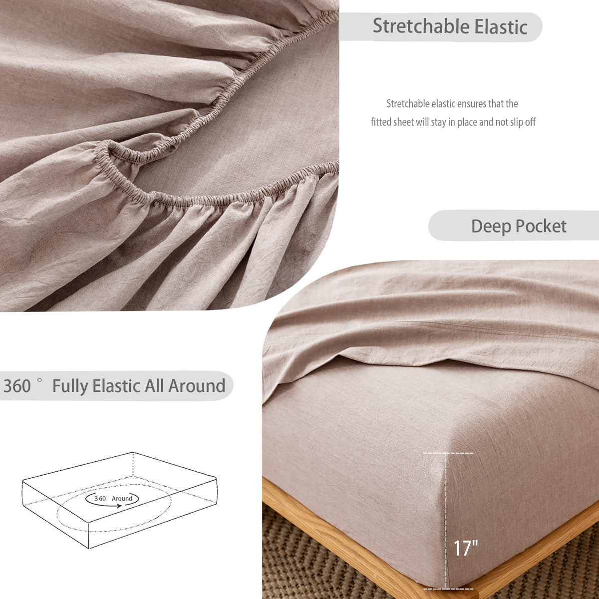 MooMee Fitted Bottom Sheet Only 100% Washed Cotton Linen Like Textured Breathable Durable Soft Comfy Deep Pocket Fits Mattress up to 17" (Mauve Brown, Queen)