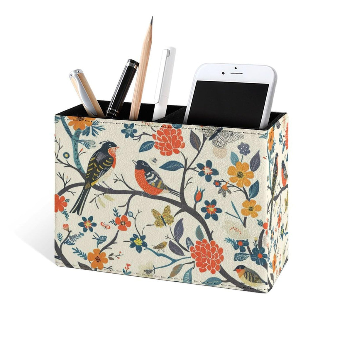 Famame Birds And Butterfly Tree Pencil Holder for Desk, Leather Desktop Container Pen Cup Storage Study Table Pen Organizer Makeup Brush Holder for Classroom Office Home