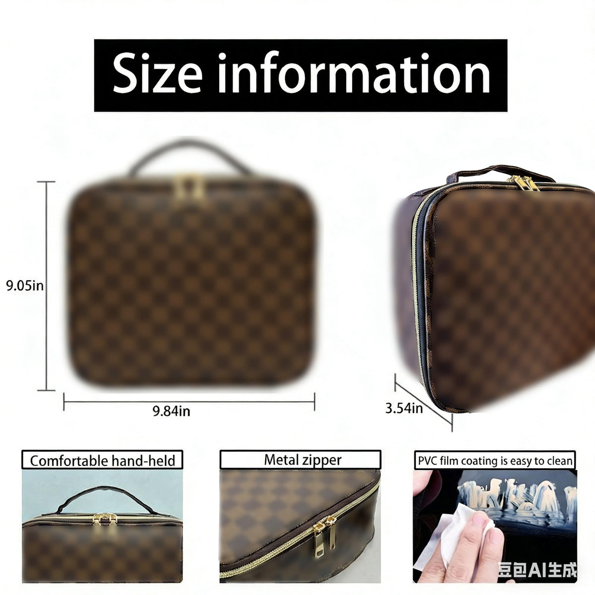 WANNES Brown Checkered Makeup Bag Organizer Travel Cosmetic Case with Brush Storage | Large Capacity Makeup & Skin Care Organizer with Adjustable Dividers | Stylish PU Leather Designer Vanity Bag