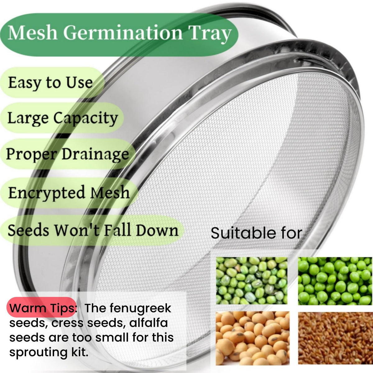 Tlence 9" Stackable Stainless Steel Seed Sprouting Kit, 3-Tier Mesh Germination Tray, Seed Sprout Grower with Lid Base, Microgreens Propagator for Beans Peas Broccoli Wheat Grass, Soil Free