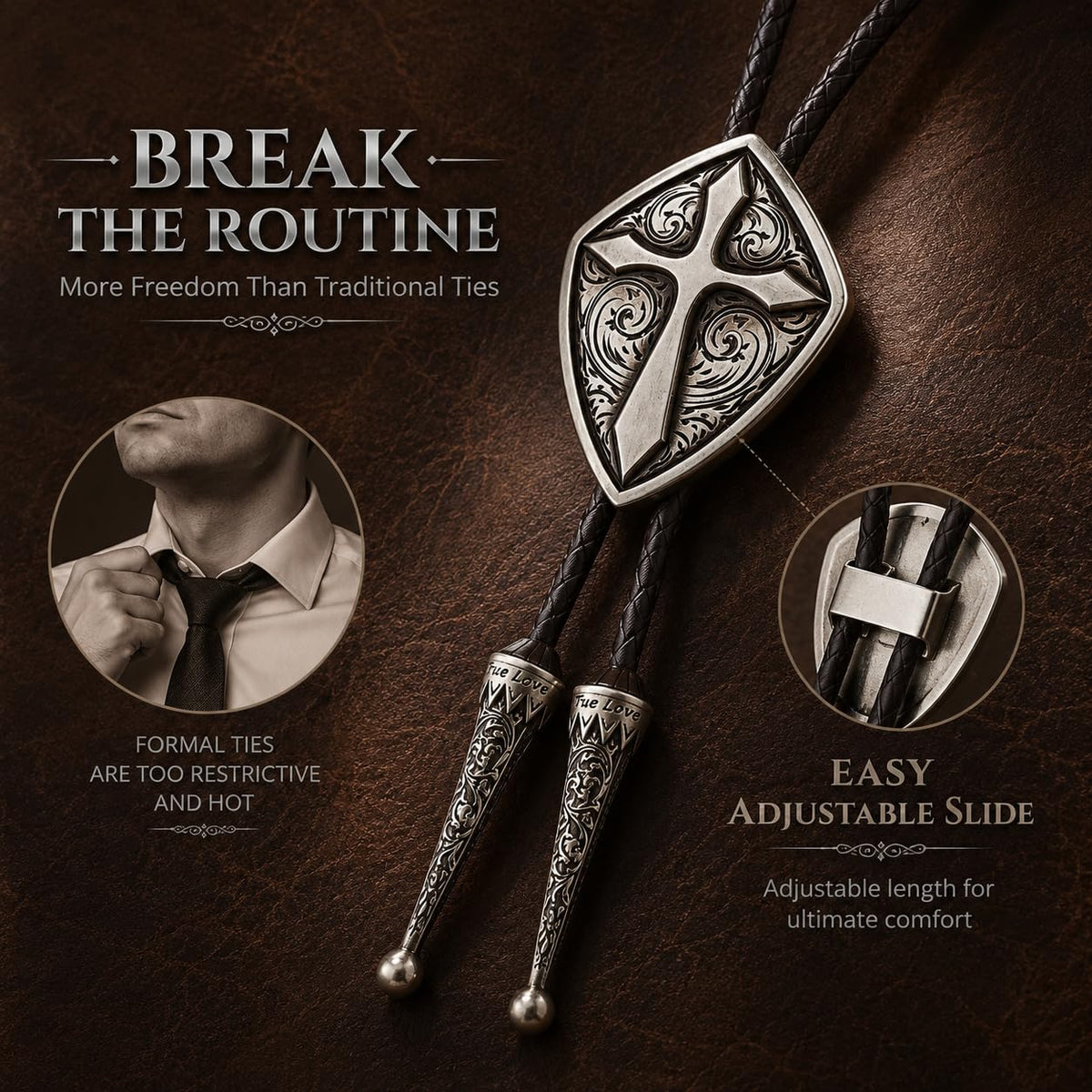 Doitby Vintage Bolo Tie Western Cowboy Cross Bolo Ties Leather Braided Necktie Necklace for Men Women