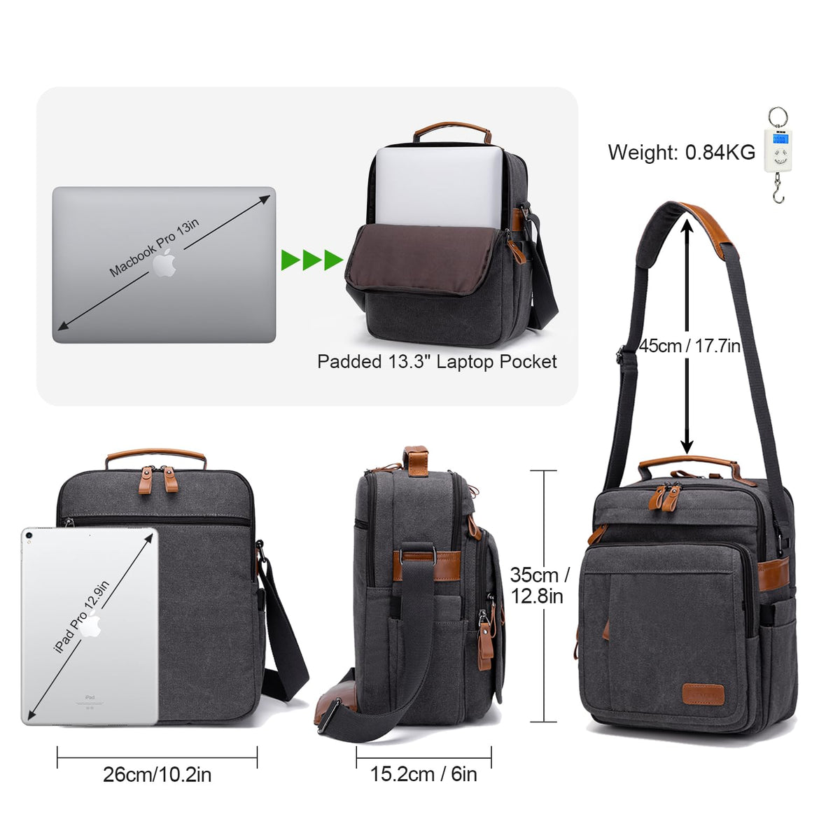 ESTARER 13-13.3 Laptop Bag for Men, Vertical Messenger Bag for 13-13.6'' Mac neo/air/pro Shoulder Bag Water-resistant Canvas