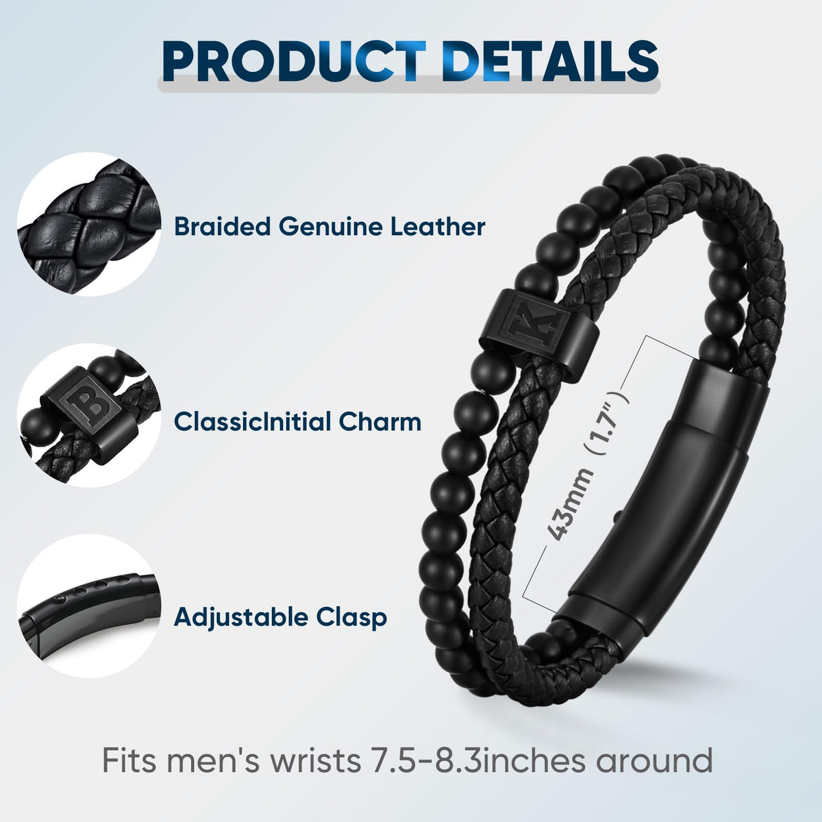 Initial Bracelet for Men Letter Handmade Natural Agate Stone Beaded Braided Black Leather Adjustable Cuff Meaningful Bracelets , Jewelry Gifts, Father's Day Gifts Matching Couple, 7.5-8.3 Inches