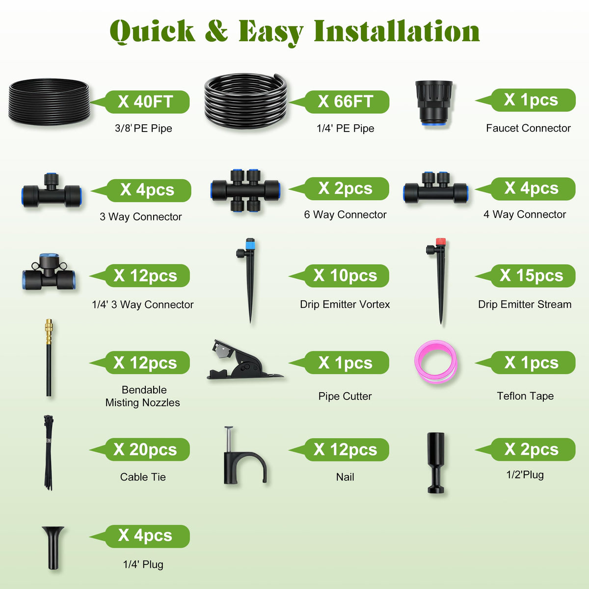 Drip Irrigation Kit for Garden, Automatic Watering System with Quick Connect Fittings, Adjustable Spray Nozzles, Water Saving Irrigation System for Yard, Greenhouse, Lawn & Potted Plants (106FT)