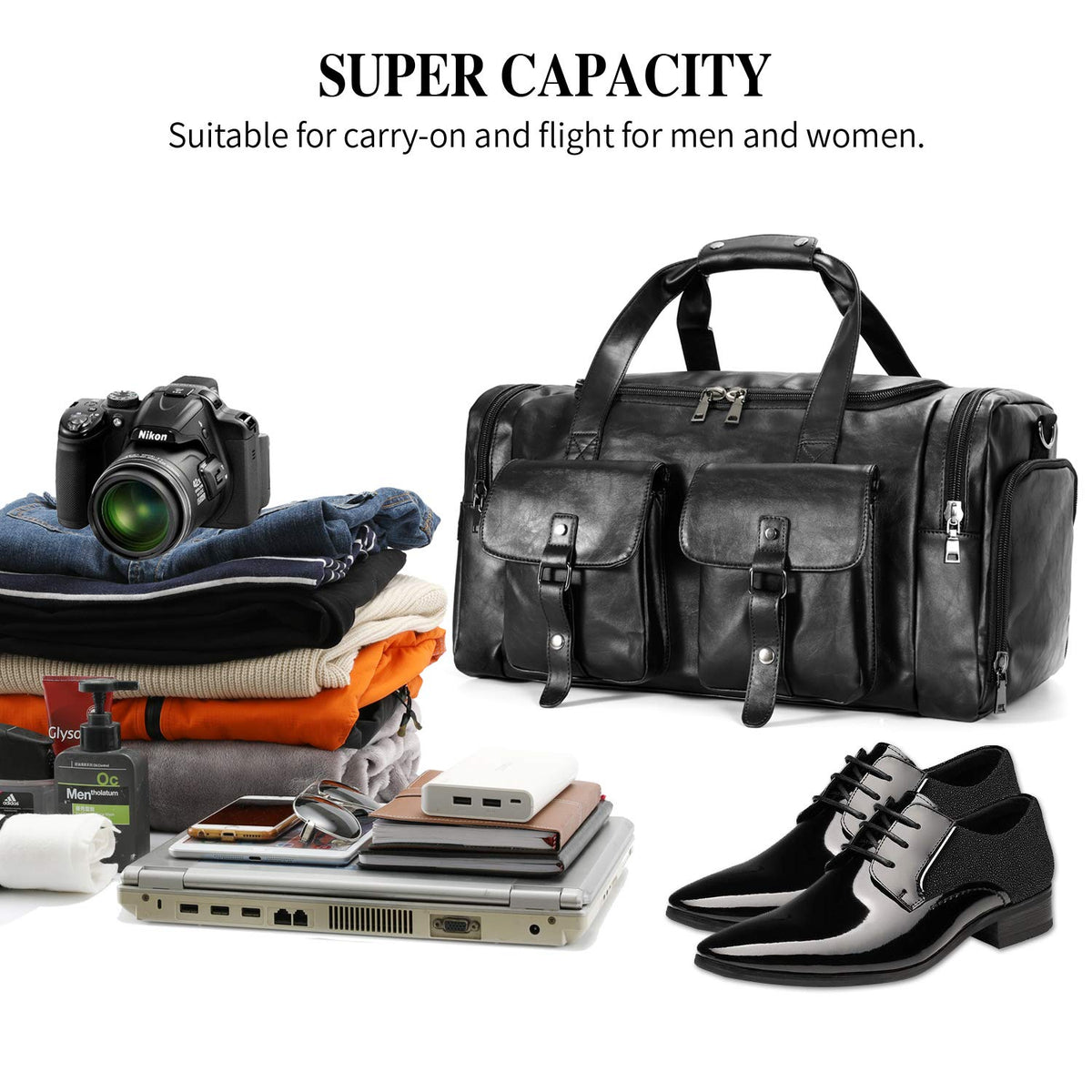 Zeroway Travel Duffel Bag with Shoe Pouch, PU leather Carry on Bag Weekender Overnight Bag for Men Women Black