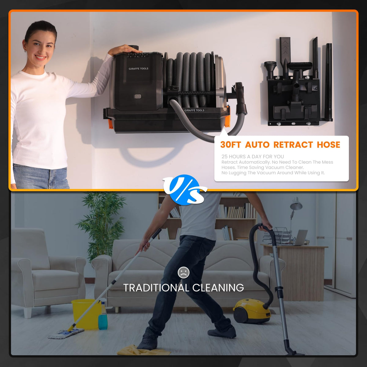 Giraffe Tools Grandstorm Retractable Vacuum Cleaner Wall-Mounted, Shop Wet Dry Vacuum Cleaner with 6 Nozzles for Car Detailing Remote Control Garage Vacuum, Grey