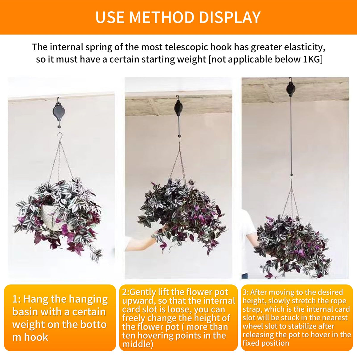 HOGXUAE 3Pack Retractable Plant Hanger Pulley System with Adjustable Rope Clips-Heavy-Duty for Indoor & Sheltered Outdoor Use(Max 15kg)