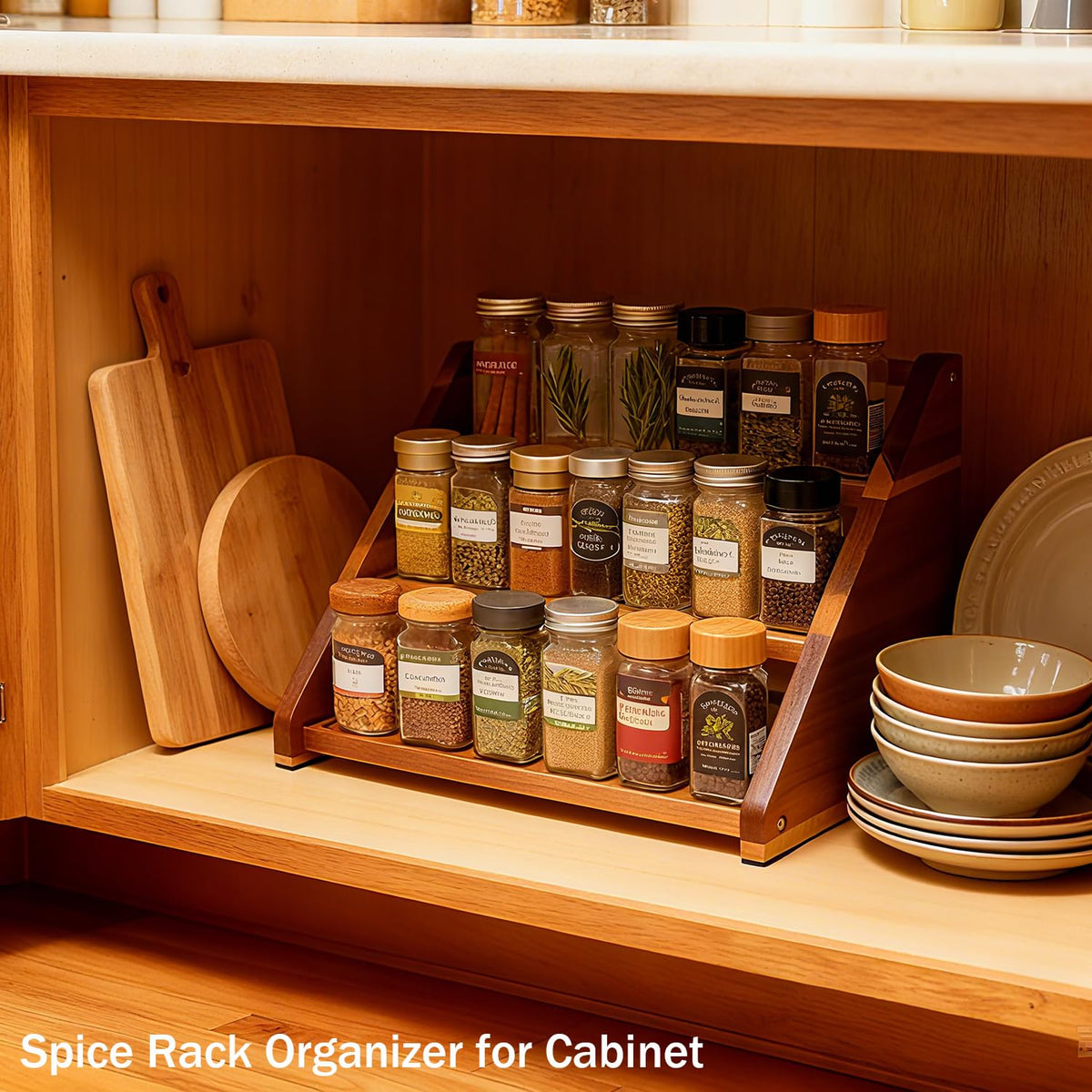 Arflo Acacia Wooden Spice Rack for Countertop - 3 Tiered Spice Rack Organizer for Cabinet - Kitchen Spices Organizers Holds 21 Jars - Spices Shelf for Kitchen Storage Pantry Seasoning Organizer