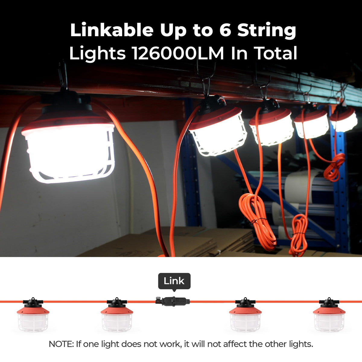 Omlite Construction String Lights: 100FT 3 Prong 150W Linkable Super Bright LED String Lights for Construction Sites Temporary Jobsite IP65 Waterproof 18AWG Wire Work Light with Cage