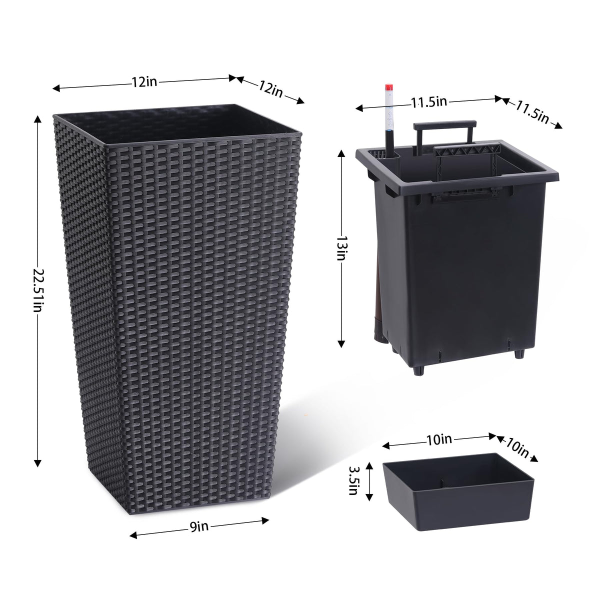 22.4" Black Tall Planters Outdoor Set of 2, Large Black Flower Pots Outdoor with Drainage Holes & Automatic Watering System, Modern Large Resin Planters for Outdoor Plants, Front Porch, Deck, Rattan