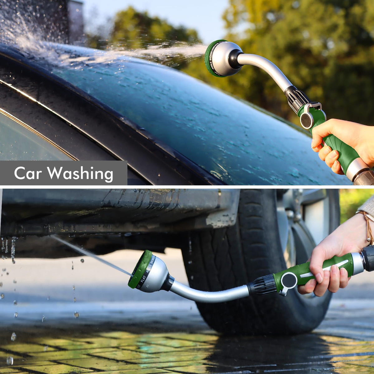 RESTMO Watering Wand Heavy Duty, Metal Garden Hose Wand with 10 Spray Patterns, 15-Inch Long Hose Nozzle Sprayer with Thumb Flow Control, Ideal to Water Hanging Baskets and Shrubs, Green