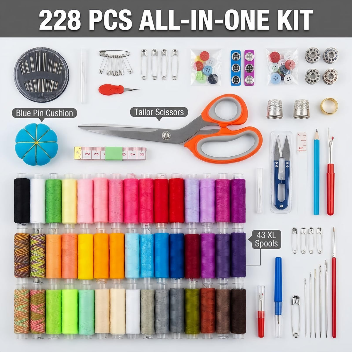Forypretty Sewing Kit for Adults, 228 PCS Needle and Thread Kit with Tailor Scissors and Accessories, 43 XL Thread Spools, Travel Sewing Kit for Beginners, PU Leather, Gift for Mom Grandma