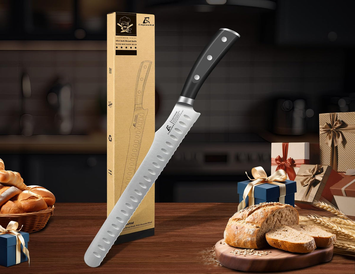CoquusAid Bread Knife for Homemade Bread, 10.6 Inch Multifunction Serrated Knife, Razor Sharp Slicer, High Carbon German Steel Bread Cutter, Ergonomic Handle for Sourdough Turkey Fruit Cutting, Gift