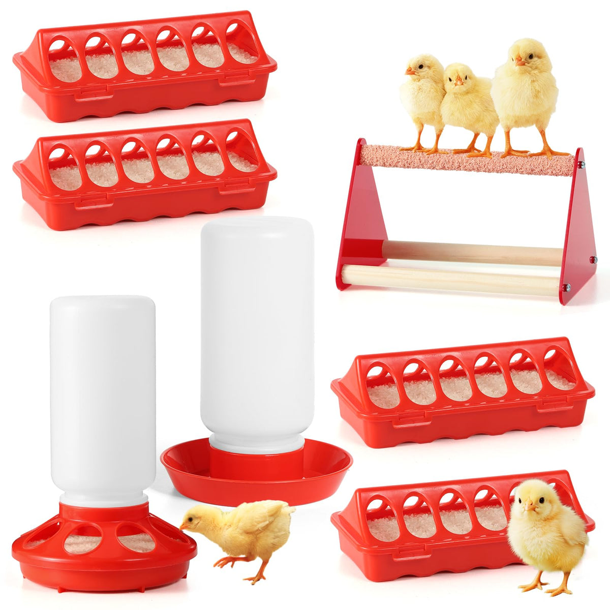 7PCS Chick Feeder and Waterer Kit with Wooden Perch,Baby Poultry Starter Set with Chick Perch for Small Poultry Chicks Ducks Quail Pigeons Birds(Red Chick Feeder Waterer Kit)
