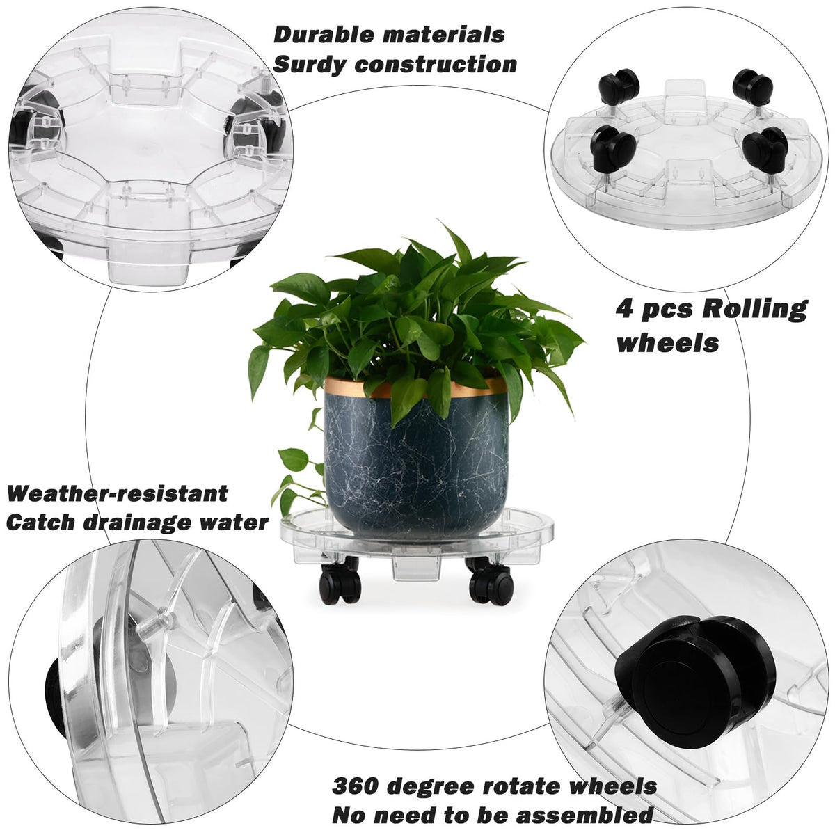 KvyusFlourish 4 Packs 13.8 Inches Large Clear Plant Caddy Plant Saucers on Wheels Rolling Plant Stands Heavy-duty Plant Dolly Plastic Planter Roller Base Pot Movers Outdoor Plant Tray Coaster