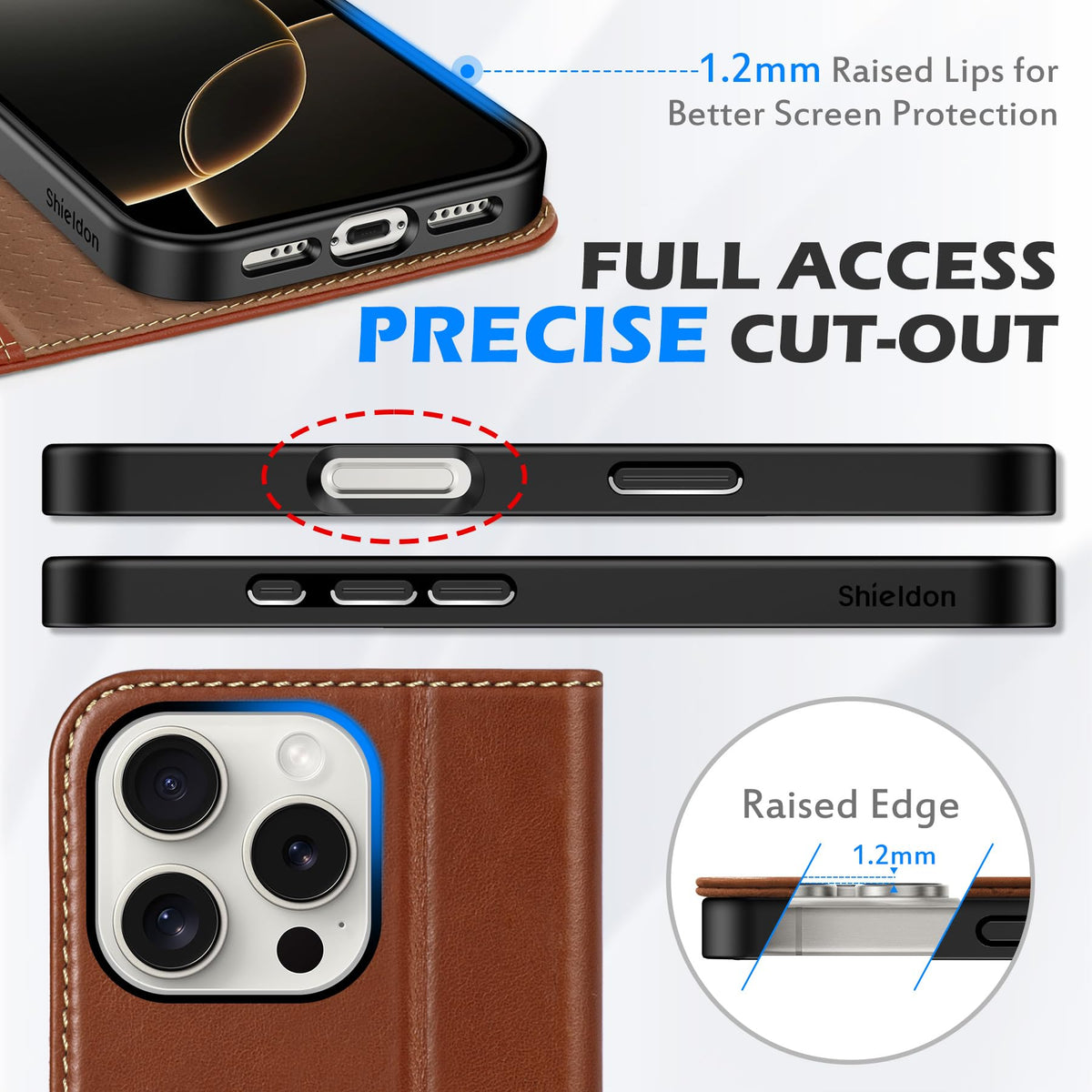 SHIELDON Wallet Case for iPhone 16 Pro 6.3" 2024, Genuine Leather Folio Magnetic Closure RFID Blocking Card Holder Kickstand Full Protection Phone Case Compatible with iPhone 16 Pro - Retro Brown