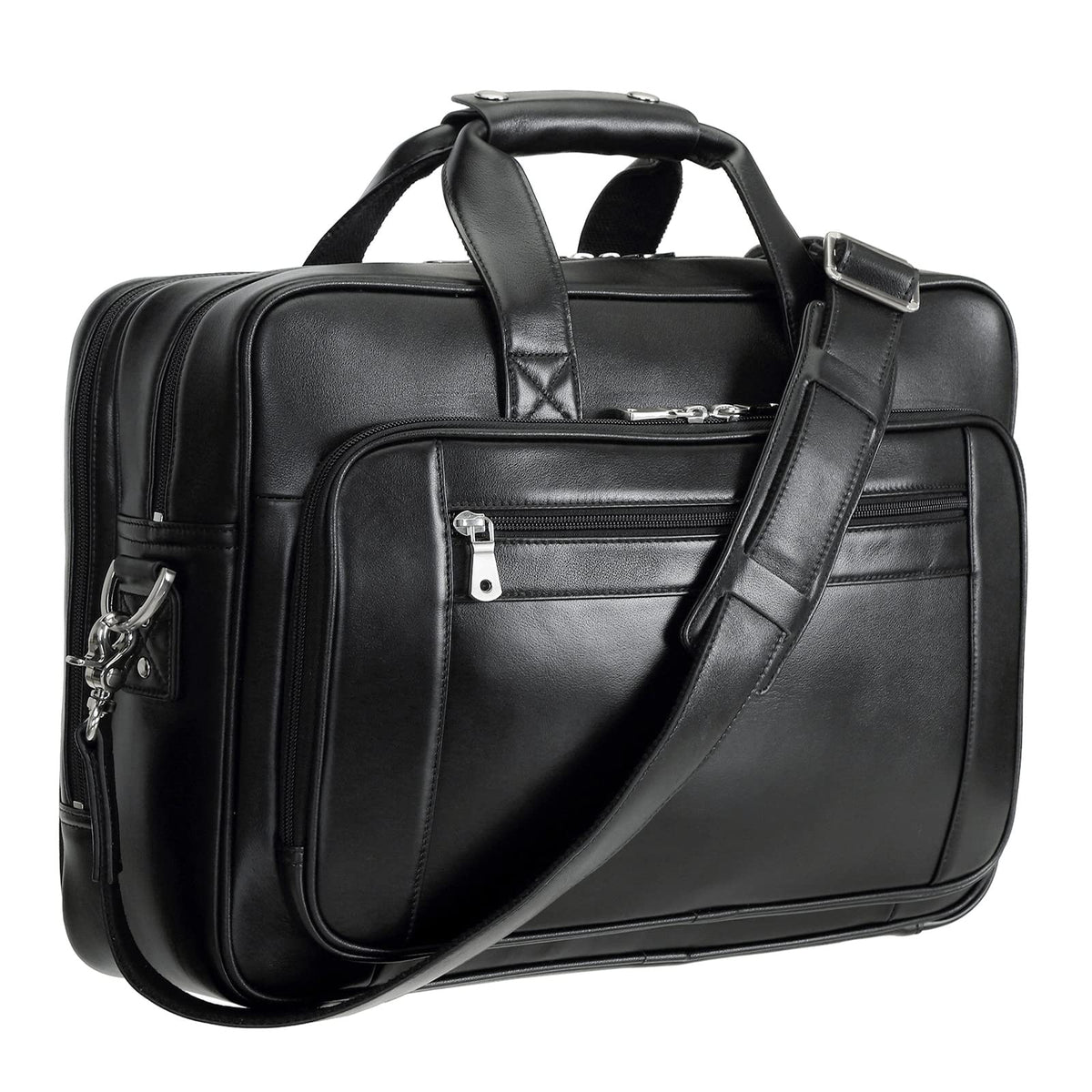 compalo Men's Solid Thick Napa Leather 17.3" Laptop Briefcase Classic Messenger Bag Fit Business Travel