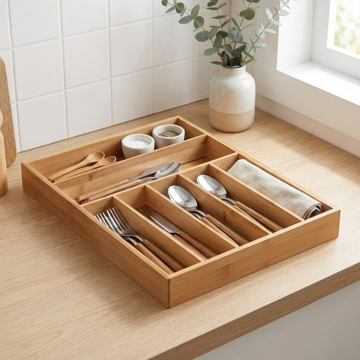 JIMMY LUCKY Wooden Silverware Organizer for Drawer, Bamboo Utensil Drawer Organizers, Kitchen Utensil Organizer Tray with 7 Storage Compartments, Flatware Organizers for Cutlery Flatware