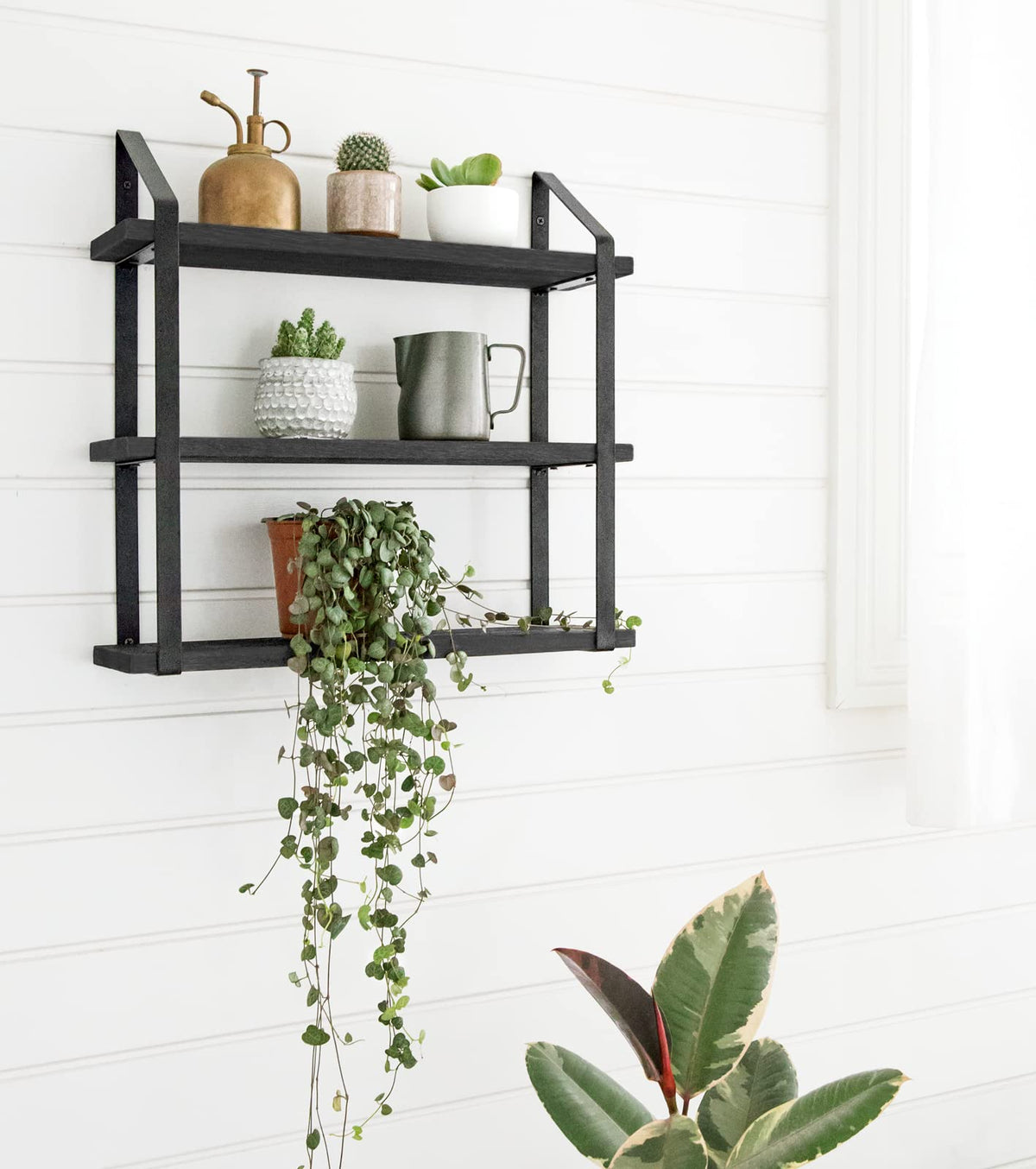 Mkono Floating Wall Shelves 3 Tier Rustic Hanging Shelf with Metal Bracket Wall Mount Wood Storage Display Shelves for Living Room Bathroom Bedroom Kitchen Office,Black