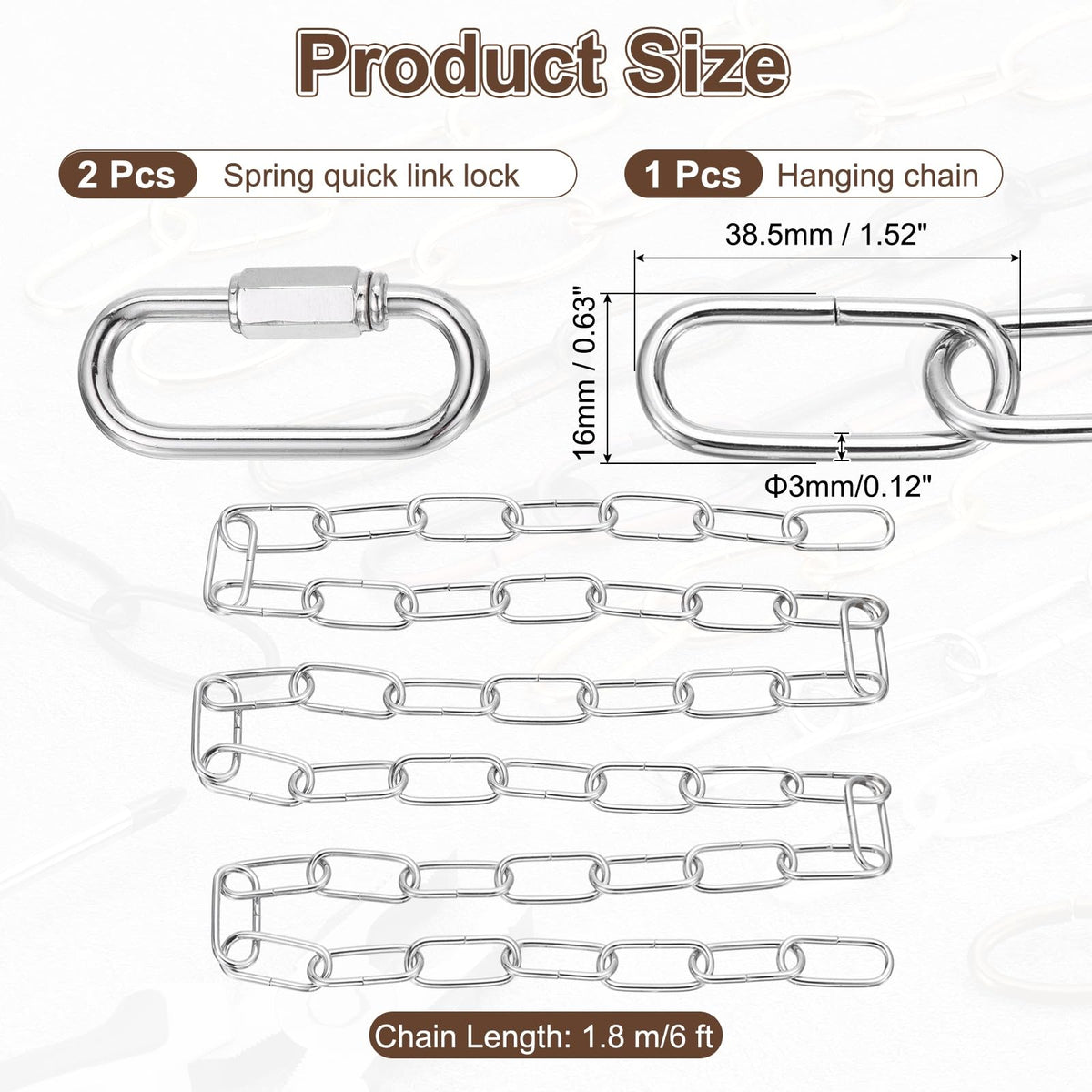 uxcell 6ft Lighting Hanging Chain, 3mm/0.12" Looping Metal Pendant Chandelier Chain Extension with 2 Quick Link Lock for Hanging Plant Pendant Chandelier Light Fixture, Light Silver