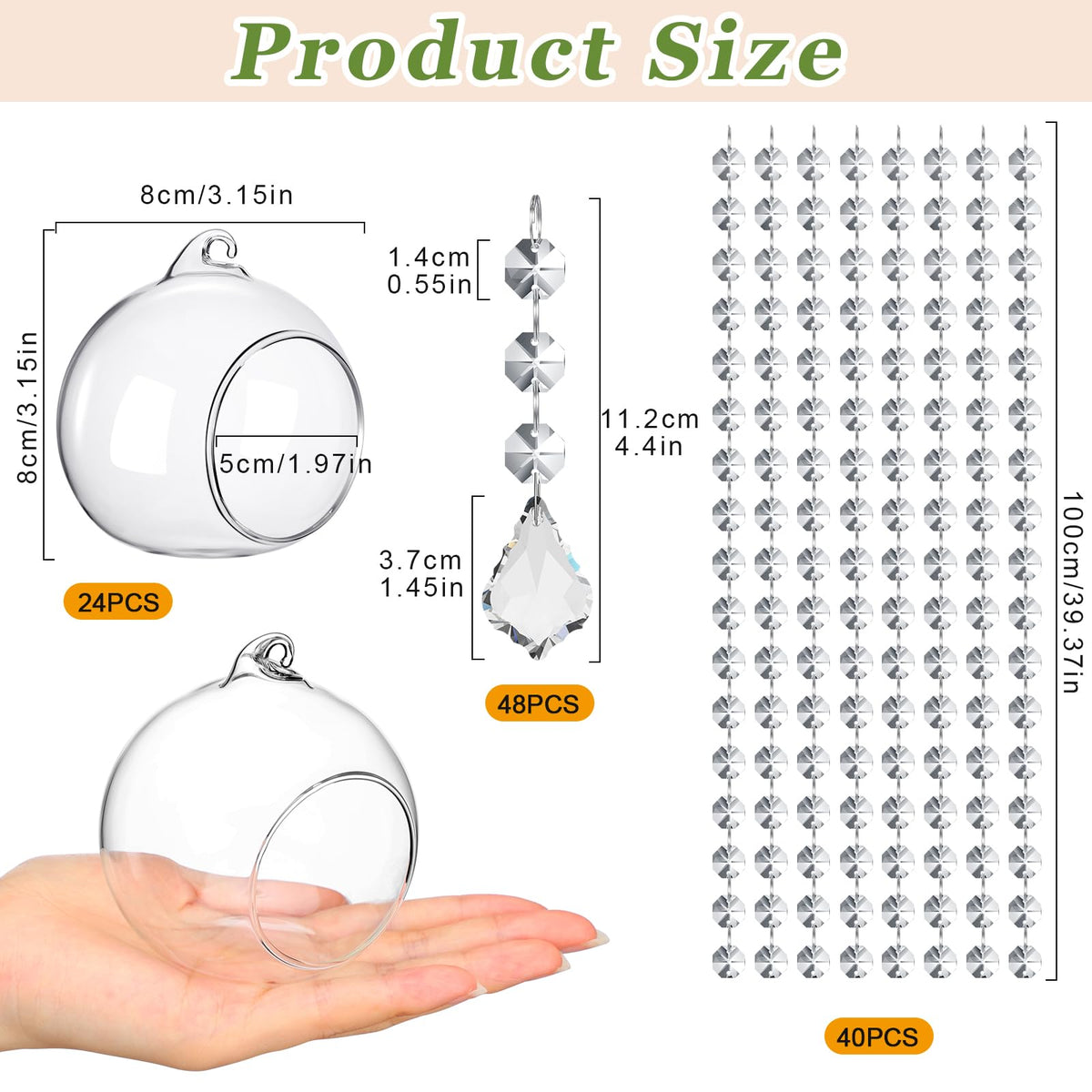 GlikCeil 112 Pcs 3.15'' Hanging Glass Tealight Holder with Clear K9 Crystal Garland Strands and Maple Leaf Pendants Globe Plant Terrariums Glass Orbs for Wedding Party Valentine Decoration