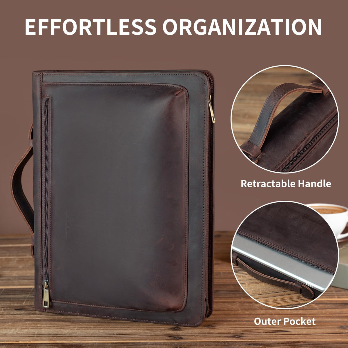 YIWEN Personalized Leather Portfolio with Handle – Zippered Front Pocket, Writing Pad Clip, Letter Size Notepad Holder, Professional Business Padfolio for Men Women (Dark Brown, Crazy Horse Leather)