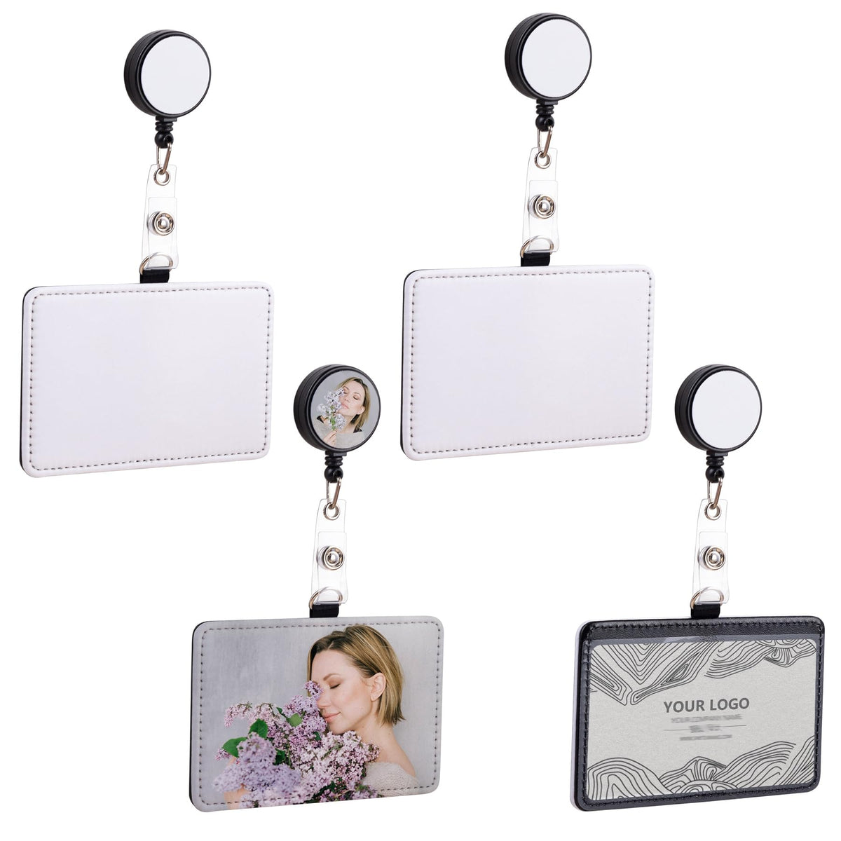 AUEAR, 4 Pack Sublimation Leather ID Name Card Badge Holder with Retractable Badge Reel for Office Business