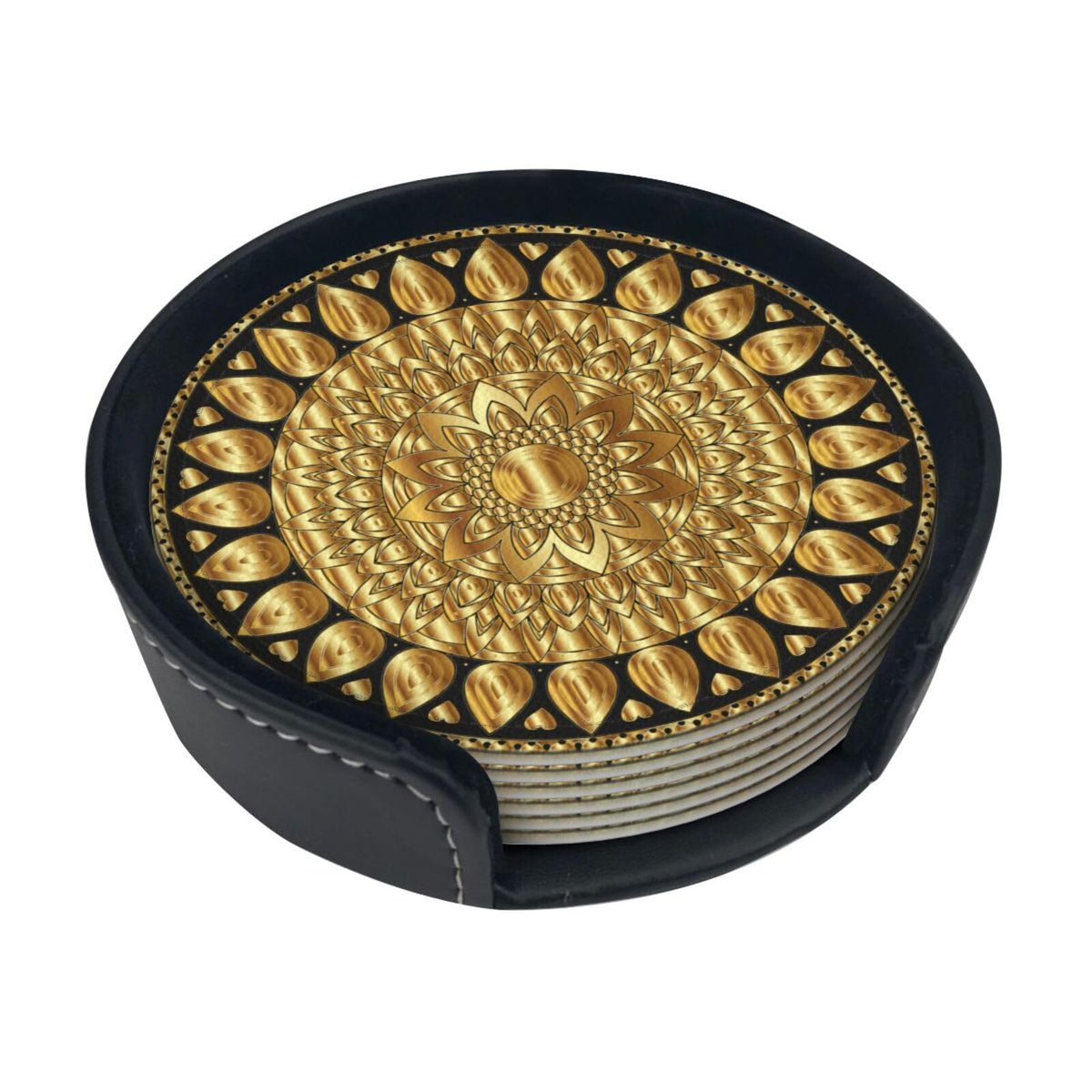 BOXIMIAO Drink Coasters with Holder Stand Set of 6, Pu Leather Absorbent Coasters with Cork Base Table Coaster Round Coasters for Housewarming Apartment Kitchen Bar Decor Mandala Art Floral Gold