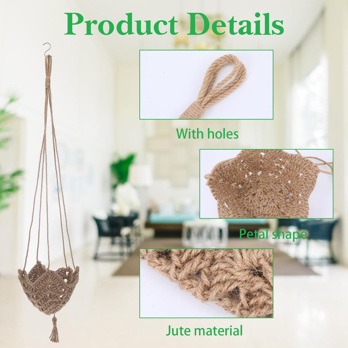 AOZUO 4 Pack Jute Crochet Long Plant Hanger for 3 Inch to 12 Inch Pots, Macrame Plant Hanger Macrame Plant Holder Rope with S Shaped Hooks for Indoor Outdoor Home Decor (Brown)