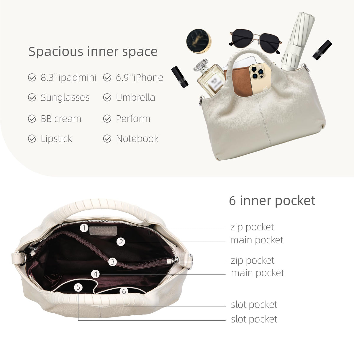 Iswee Genuine Leather Purse Cross Body Shoulder Bags for Women Purses and Handbags Satchel Designer Pocketbooks Hobo Medium Size Tote (Beige)