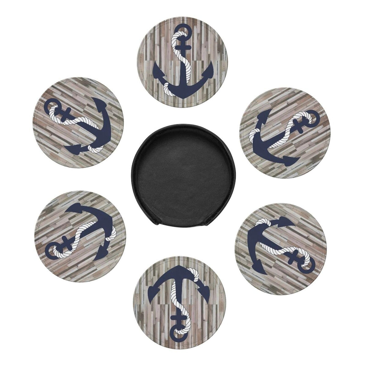 Nautical Navy Blue Anchor Wood Plank Premium Leather Coasters - Set of 6 with Holder, Stylish Beverage Coasters for Kitchen, Coffee and Home Decor
