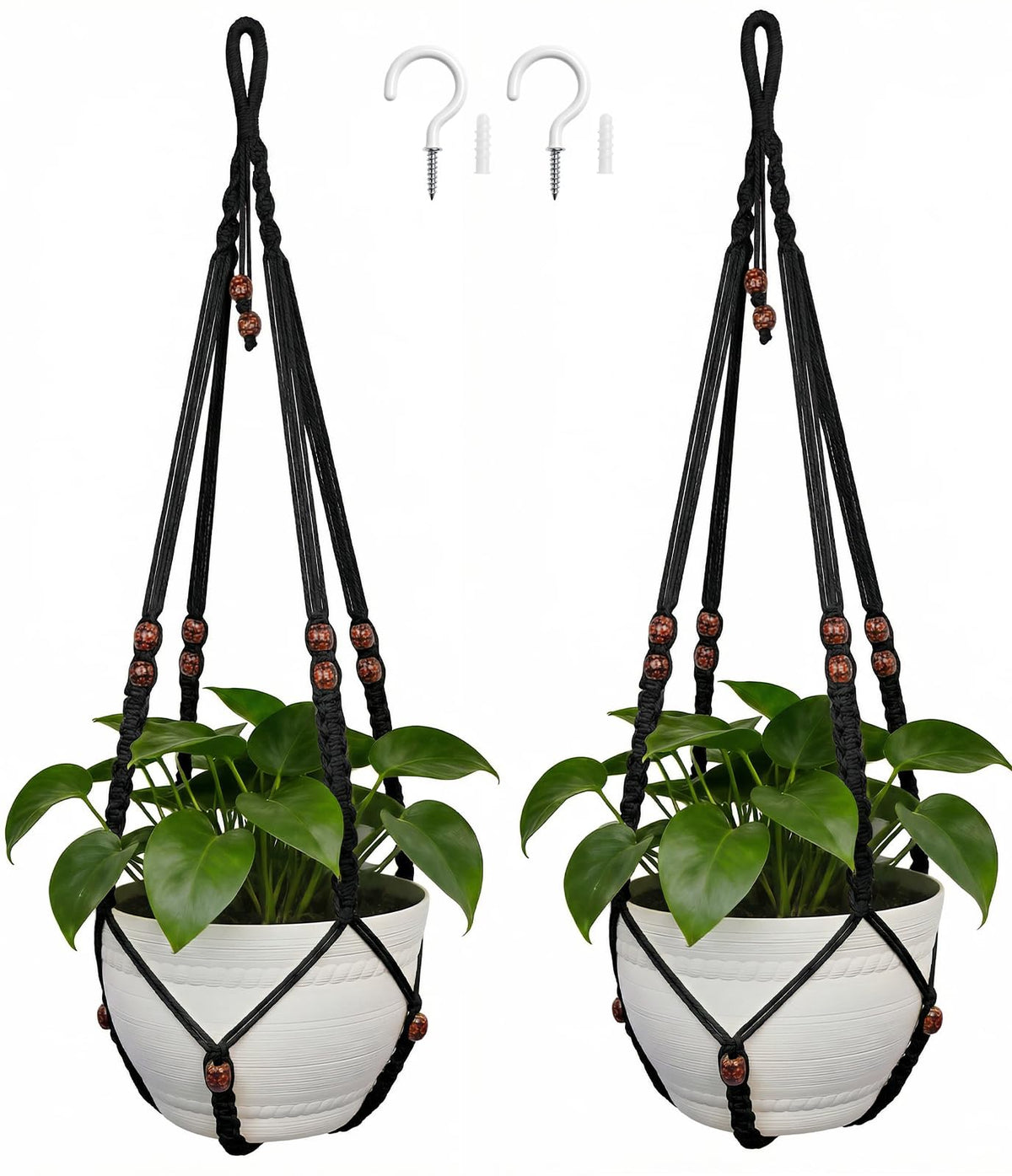 HOREAKHJ 35 Inch Macrame Plant Hanger, Large for up to 15 Inch Pot Extra Long Hanging Planter Holder Basket with Wood Beads for Indoor Outdoor Home Decor (Black, 2-Pack)