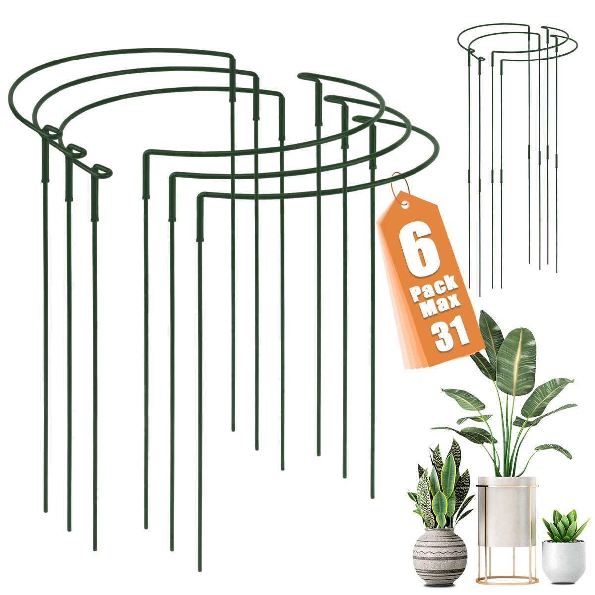 Detachable Plant Support Stakes 6 Pack, Half Round Garden Stake, Plant Stakes Cage Metal Ring Border for Indoor & Outdoor Plants, Peony, Tomato, Hydrangea(10" W x 16"-31" H)