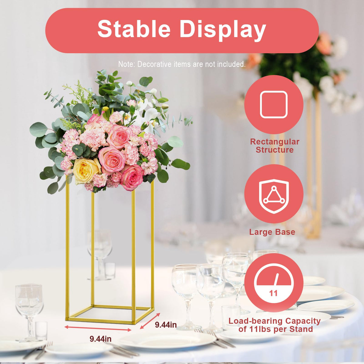 10 Pack 23.6 Inch Gold Wedding Flower Stand Metal Vase Column Stand Geometric Centerpiece Vase for Home Party Wedding Decorations, Rectangular Flower Display Rack