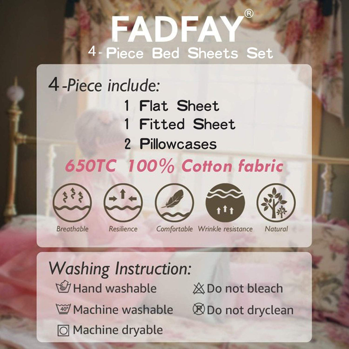 FADFAY Cotton Bed Sheets Set Rose Floral Bed Sheets 4-Piece Queen Size