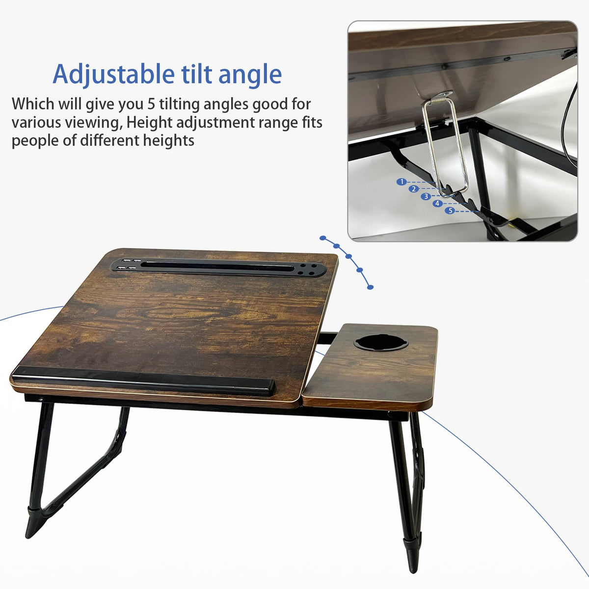 Laptop Desk for Bed, Laptops Bed Tray Desk with 5 Different Angles, Foldable Laptop Bed Table with USB Charge Port and Cup Holder for Writing Working (Rustic Brown)