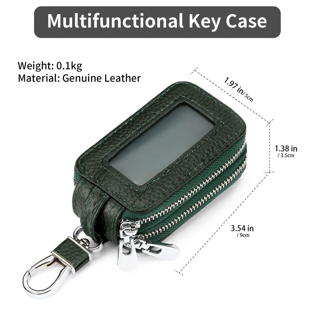 SENDEFN Car Key Fob Case Double Zipper Leather Smart Remote Keychain Protector Holder with Transparent Window