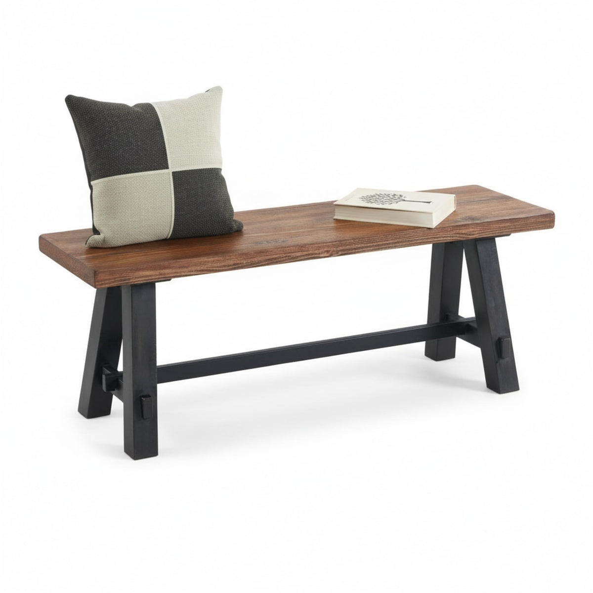 Adam 48-Inch Rustic Industrial Solid Wood Entryway Bench with Distressed Black Sawhorse Legs – Sturdy Accent Seating for Living Room, Mudroom, Dining Room, and Laundry Room by Alaterre Furniture