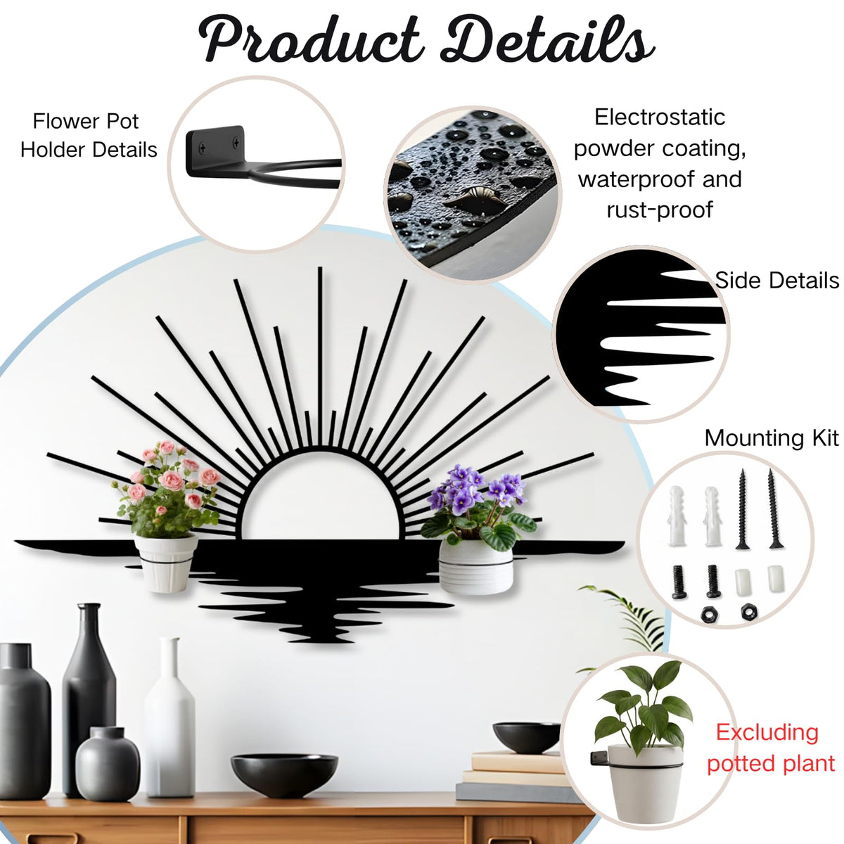 Glethua Sunrise Metal Wall Mount Plant Holder, Sun Wall Plant Holder, Sunshine Metal Hanging Planter for Living Room, Kitchen, Bathroom (Black, 59"x 35"| 150x89cm, 4 Pack 4" Flower Pot Holder Ring)