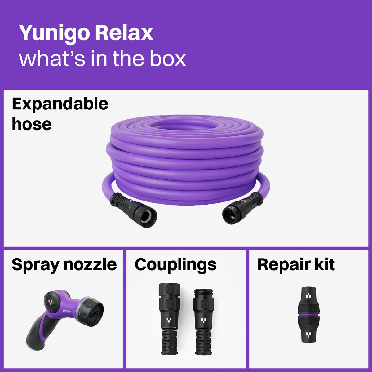 YUNIGO RELAX 50ft Expandable Purple Garden Hose – Lightweight No-Kink Design with Durable Aluminum Couplings, Spray Nozzle & Hose Mender for Home & Garden Watering